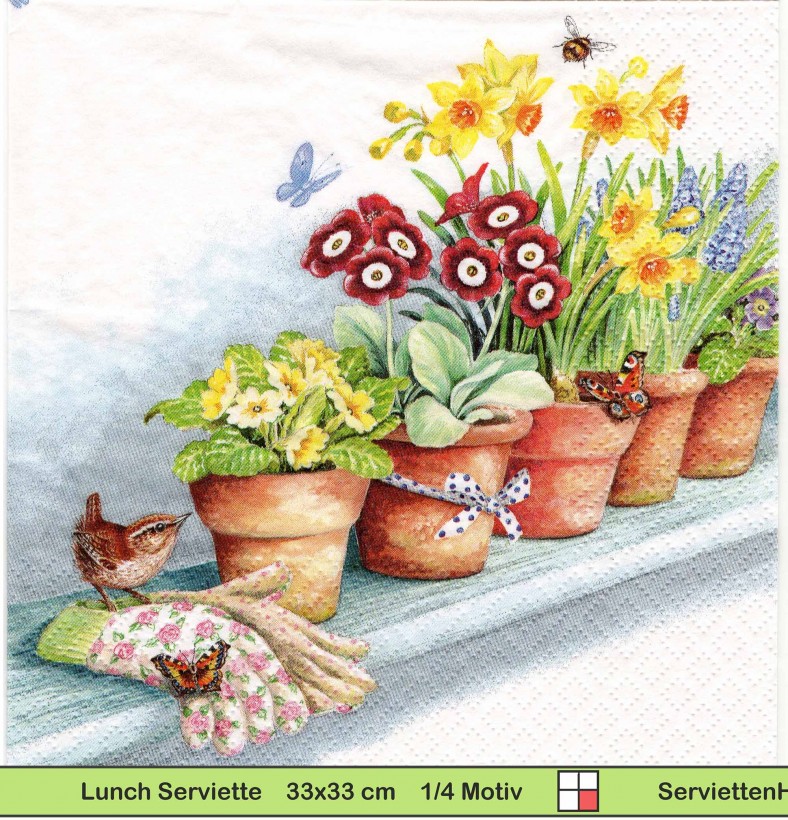 Zaunkönig Primeln Hummel Schmetterling auf Blumenbank - 1 Lunch Serviette